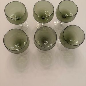 6 Avocado Green Lead Crystal Goblets With Clear Stems  Goblets Are Abt 7” Tall.